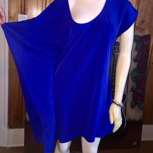 Silky royal blue asymmetrical sleeve mini dress